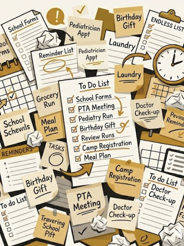 Cluttered desk with to-do lists, sticky notes, and reminders—the invisible mental load of mom life.